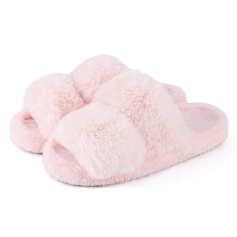 Evshine New Open Toe Fluffy Slippers Indoor Warm Fur Female Slides Fashion Plush Women House Shoes Women Winter Fuzzy Slippers.
