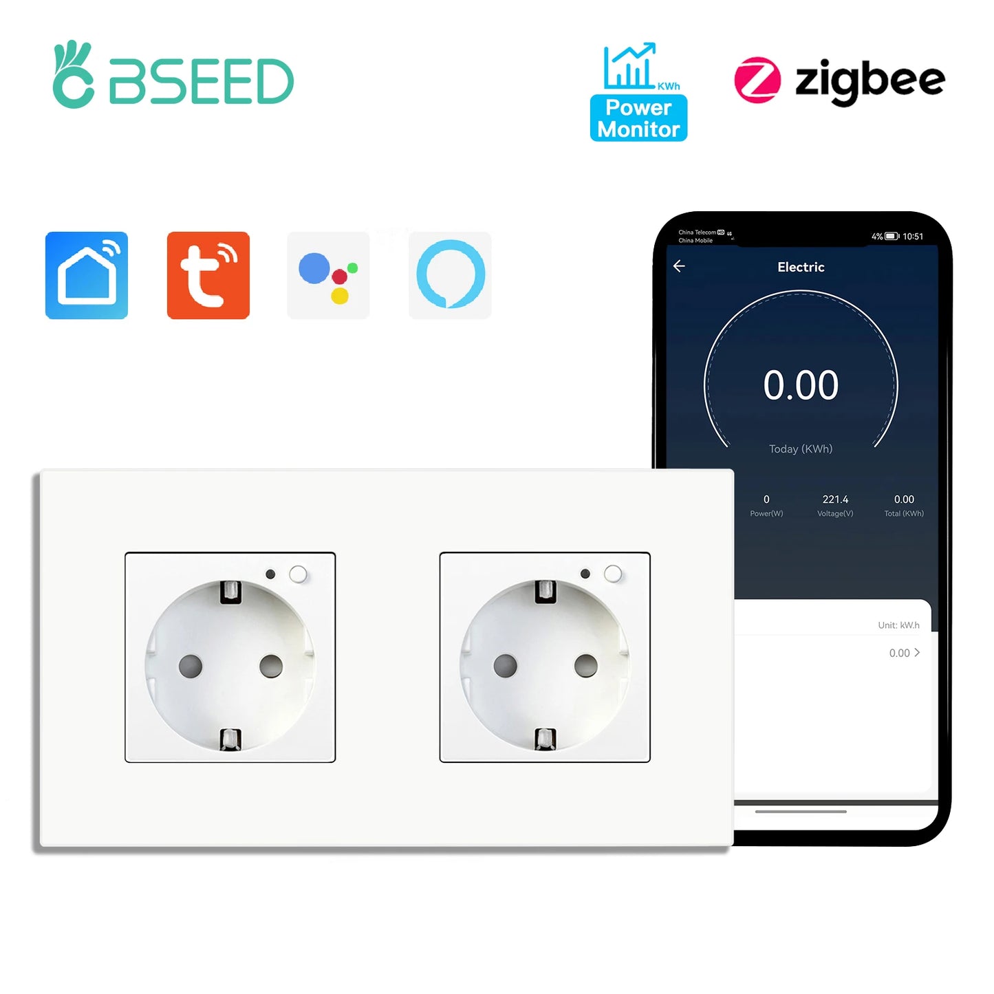BSEED Einzelne ZigBee-Wandsteckdosen, Energiemonitor, doppelte Smart Meter-Steckdosen, Google Smart Life App, Alexa, Dreifachsteckdosen, EU-Kunststoff.