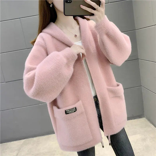 Frauen Jacke Herbst Winter neue Mode imitieren Nerz Samt Mantel 2024 weibliche kurze Kapuze dicke warme Wolle Mantel Oberbekleidung Tops