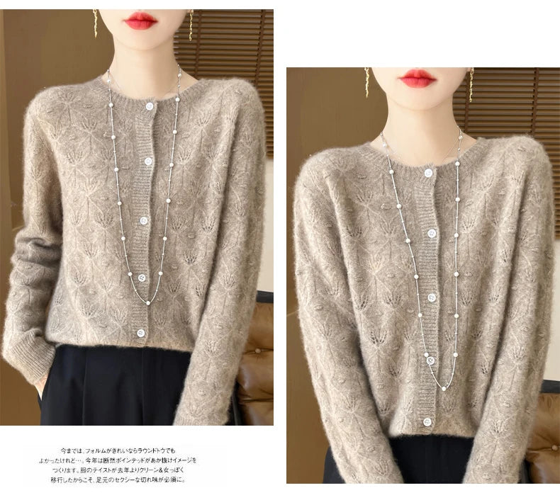 2024 Autumn And Winter New Round Neck Hollowed Out 100 Wool Knitted Cardigan Women's Versatile Coat Loose Casual Sweater DMR281