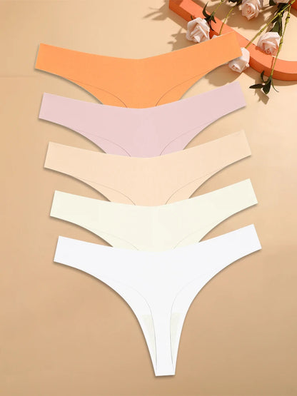 5Pcs Ice Silk Seamless Thongs Women's V-Waist Solid Color Panties Sexy Breathable Low Rise Underwear Invisible Bikini Lingerie
