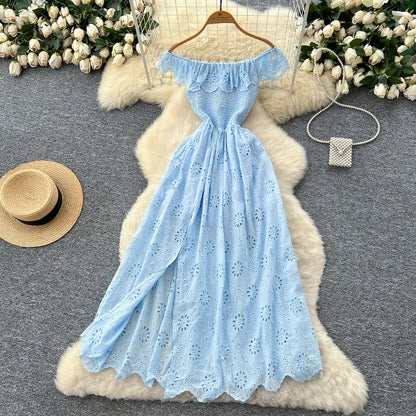 SINGREINY Schickes, ausgehöhltes Kleid mit Stickerei, Rüschen, Spleiß, schulterfrei, elastisch, gerüscht, schlank, 2025, solides, sanftes, langes Urlaubskleid.