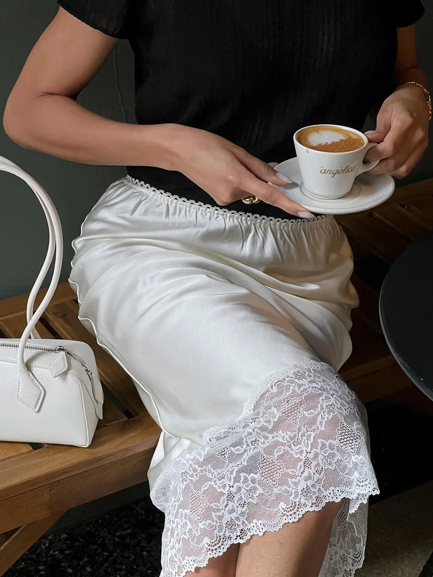 Tossy White Casual Lace Long Skirt For Women Slim High Waist Patchwork Elegant Commute Clothes Summer 2025 Female Maxi Skirt New.