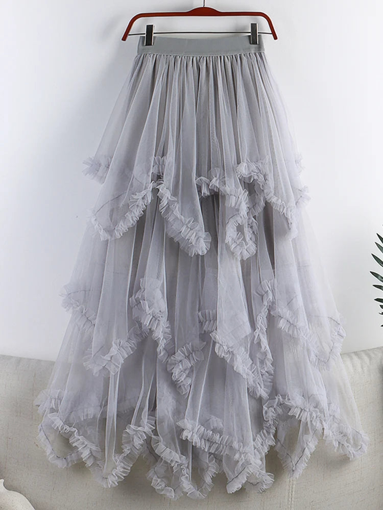 Autumn Winter New 2025 Irregular Cake Tulle Skirt Women Sweet Midi Long High Waist A Line Skirt Female Mesh Party Skirt Lady.