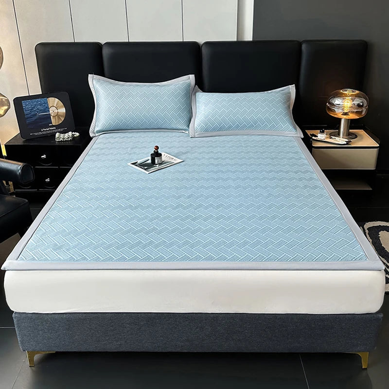 Luxury Summer Carbon Cooling Mat Set Solid Color Queen King Size Bed Mattress and Pillow Case Machine Washable Soft Folding Mat.