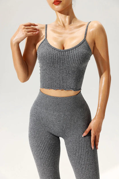 2pcs/set Seamless Flared Pants Ribbed Tank Top Outfit Women Gym Yoga Clothes Flared Trousers Vest Set Sexy for Clubs Date Nights.