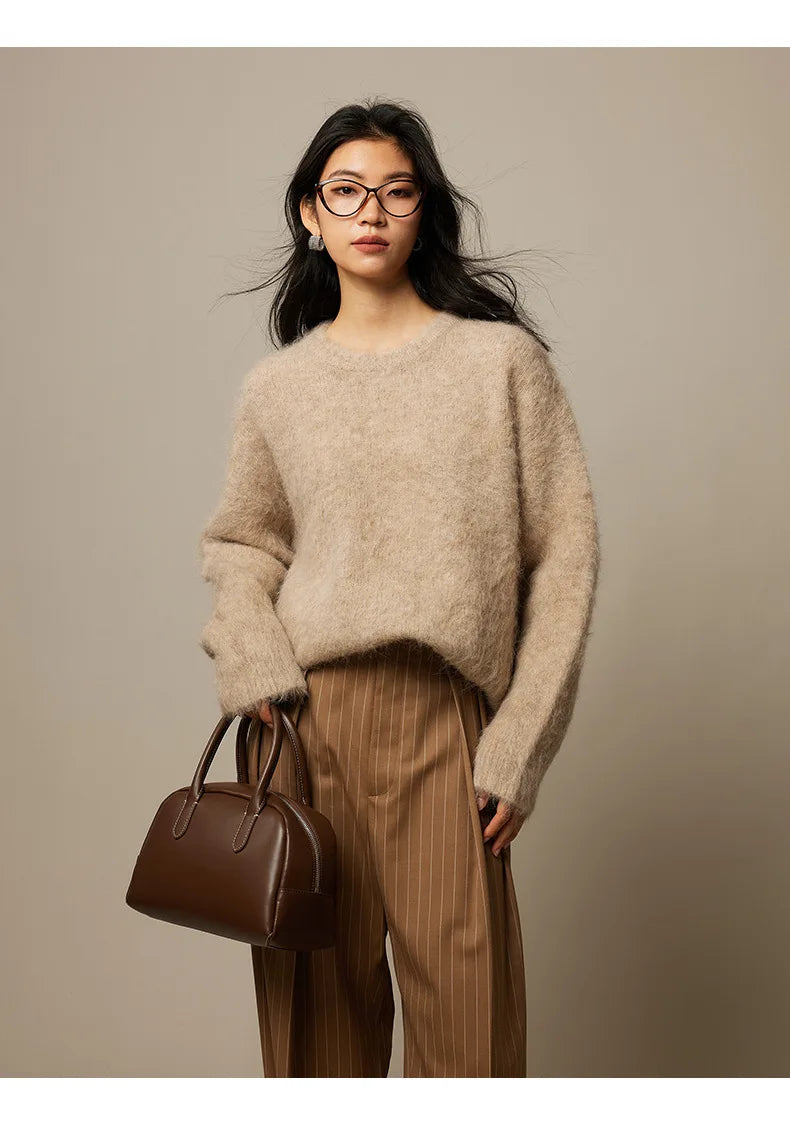 SuyaDream Warm Alpaca Pullovers for Woman, Dropped Sleeved Loose Sweaters, 2025 Fall Winter Top, Camel, Beige