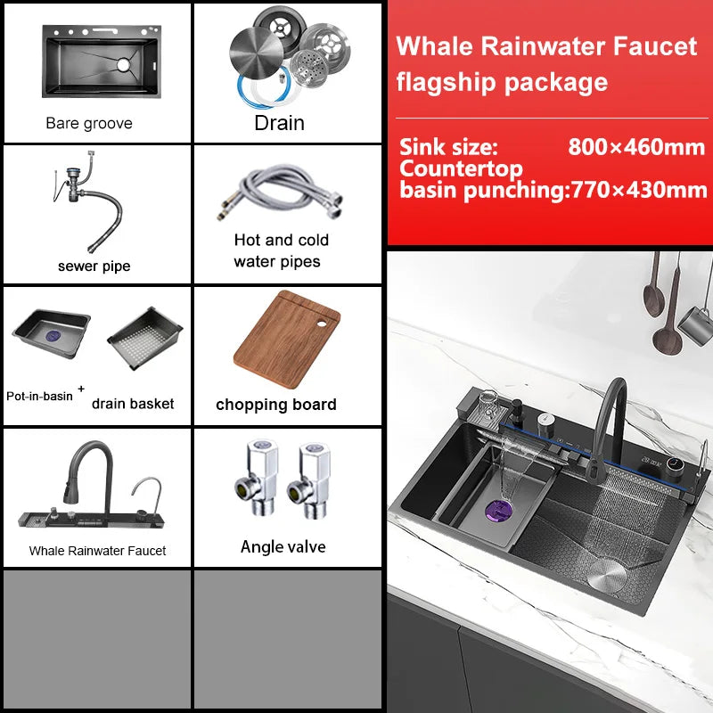 Stainless Steel Kitchen Sink with Waterfall Extra Large Single Slot Digital Display Dishwashing Basin Includes Sinks 100x50cm