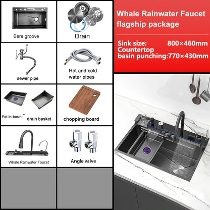 Stainless Steel Kitchen Sink with Waterfall Extra Large Single Slot Digital Display Dishwashing Basin Includes Sinks 100x50cm