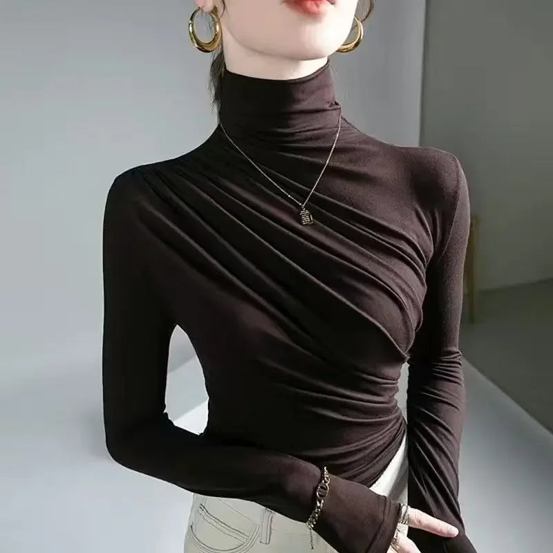 Simplicity Office Lady Autumn/Winter Women's Solid Turtleneck Pleated Temperament Fashion Slim Long Sleeve Bottoming Shirt Tops.