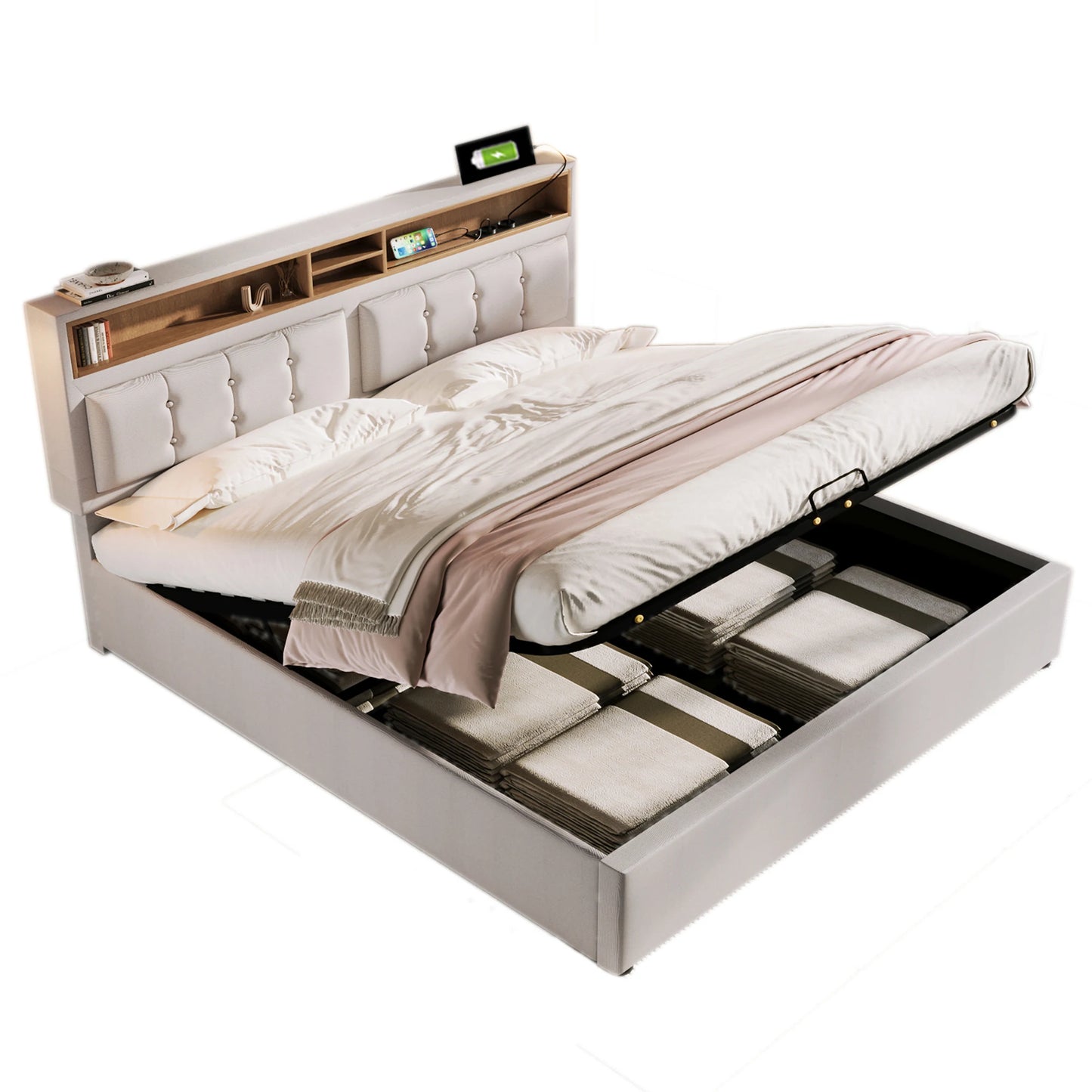 KOMHTOM Polsterbett Doppelbett Jugendbett Leinen - USB C Steckdose Ladefunktion im Kopfteil, Stauraumbett, ohne Matratze