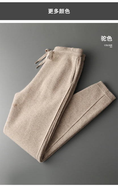 Thickened Four-Point Split Wear-Resistant 100% Cashmere Knitted Pants for Men with Pockets Elastic Waist Drawstring Slim Pants.