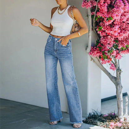 Women Jeans Straight Pants High Waist Washed Distressed Vintage Pockets Button Basics Trousers 2025 Female Streetwear Denims.