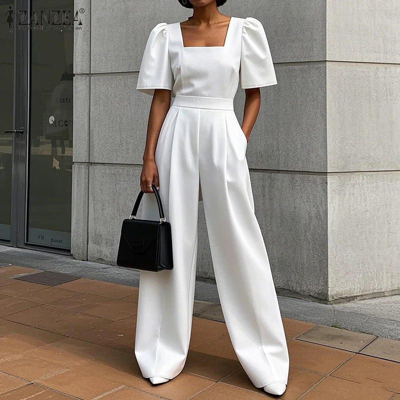 ZANZEA Street Fashion Elegant Womens Jumpsuits Sqaure Neck Short Sleeve Fitted Waist Wide Leg Pant Overalls Summer Streetwear.