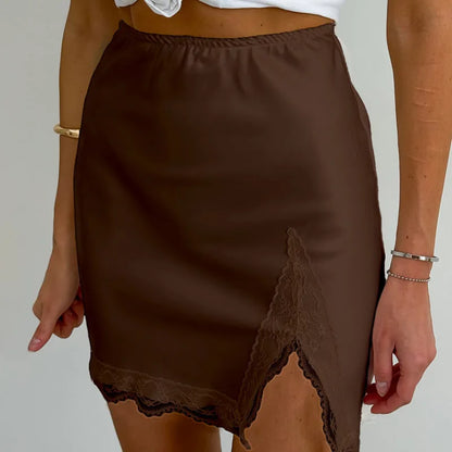 New Lace Patchwork Fashion Mini Skirt Split High Waist Sexy Black Skirt Summer Office Lady Skirt High Street Short Skirt Women.