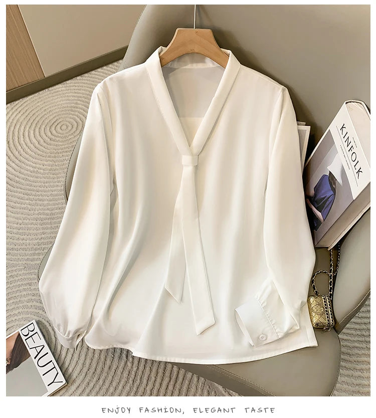 Loose Long Sleeve V-Neck Work Shirt for Women Plus Size Women's Blouses Fashion Versatile Autumn Bow Tops Trendy Business Shirts.
