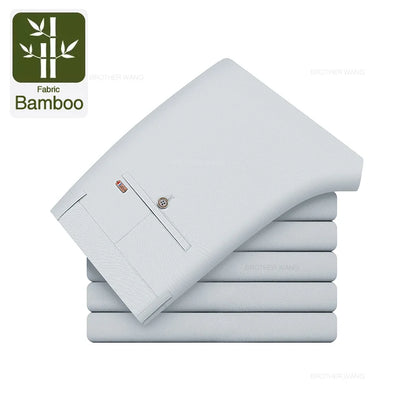 Bamboo Fiber Fabric Men's Casual Pants Summer New Ultra-thin Elastic Soft Straight Business Trousers Classic Black Khaki Gray