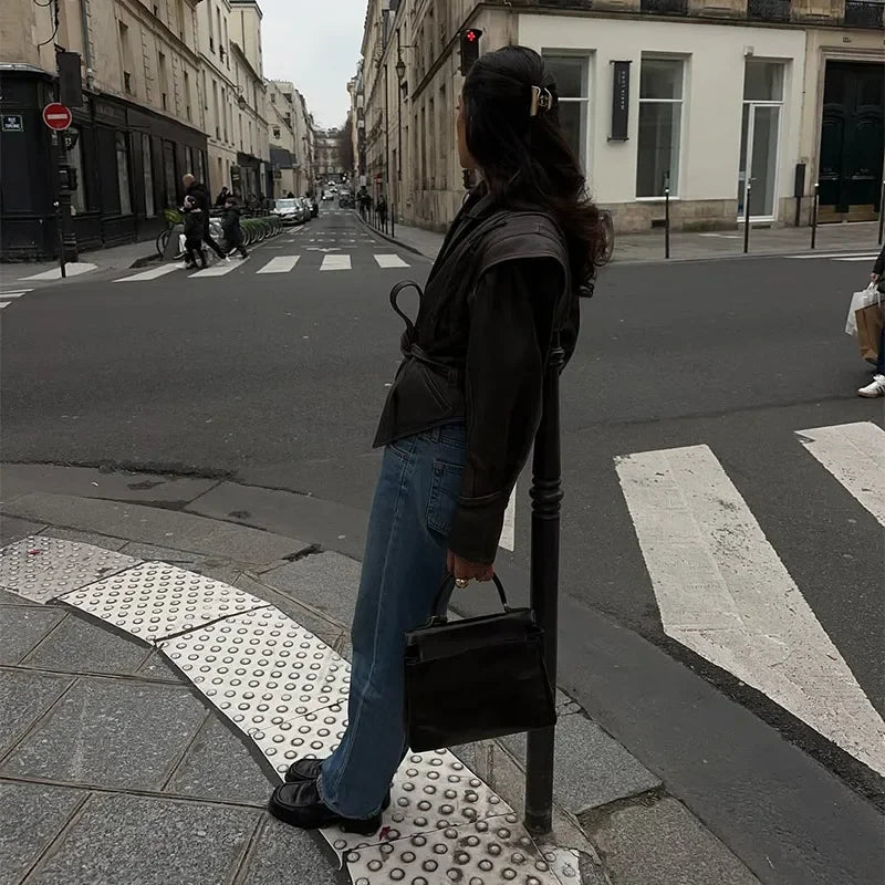 Vintage V-neck Belt Faux Leather Jackets Women Chic Full Sleeve Lace Up High Waist Lapel Overcoat Autumn Female Street Outerwear.