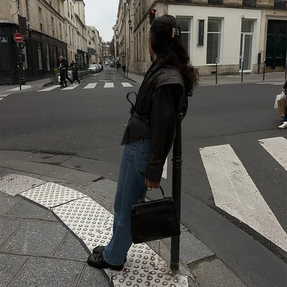 Vintage V-neck Belt Faux Leather Jackets Women Chic Full Sleeve Lace Up High Waist Lapel Overcoat Autumn Female Street Outerwear.