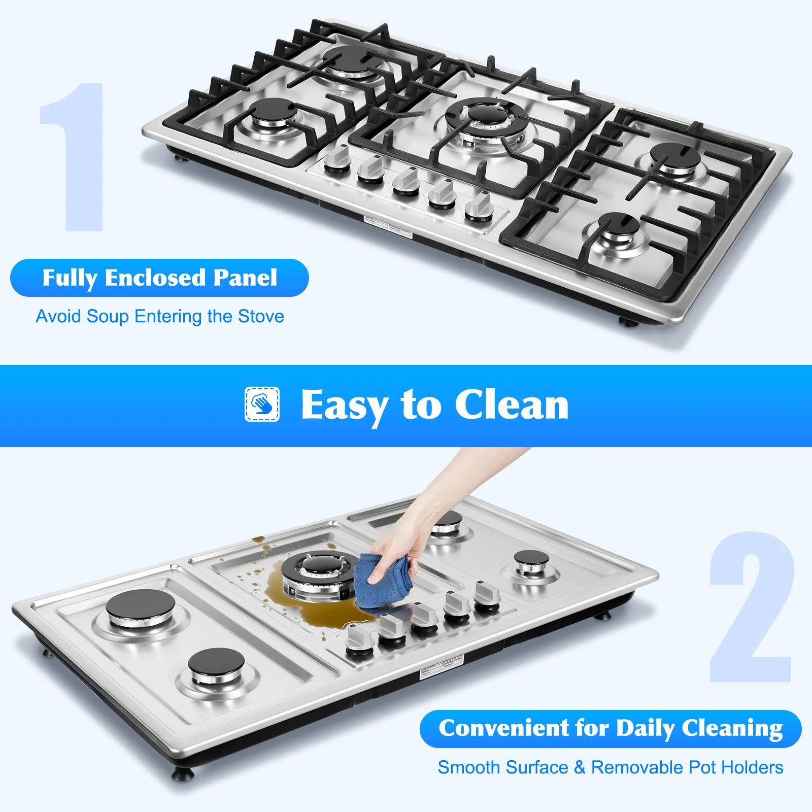 Stainless Steel Gas Cooktop with 5 Burners Electronic Pulse Ignition Built-in 3kw 2.75kw 1.75kw 1.75kw 1kw Gas Cooktop.