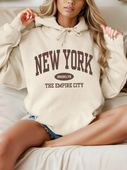 New York Text pattern Pocket Drawstring Hoodie Fleece Warm Hoodies Long Sleeve Tops Autumn Fashion Hoody Casual Loose Streetwear.