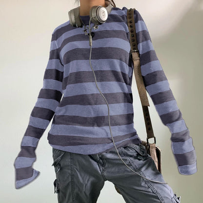 Women Fairy Grunge Knit Basic Shirt Autumn Y2K Grey Black Striped Long Sleeve Round Neck Tops Emo Tee.