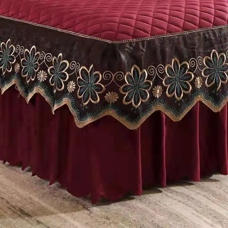 European Luxury Quilted Bed Skirt Winter Warm Thicken Velvet Bedspread King Good Hand Feeling Bed Skirt Not Included Pillowcase.