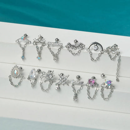 1PC 316L Surgical Steel Star Water Drop Heart CZ Chain Ear Cartilage Tragus Helix Stud Earring Daith Lobe Piercing Body Jewelry.