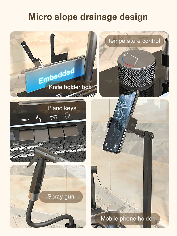 Stainless Steel Digital Kitchen Sink Large Waterfall Pull Out Faucet Honeycomb Embossed Sink Set