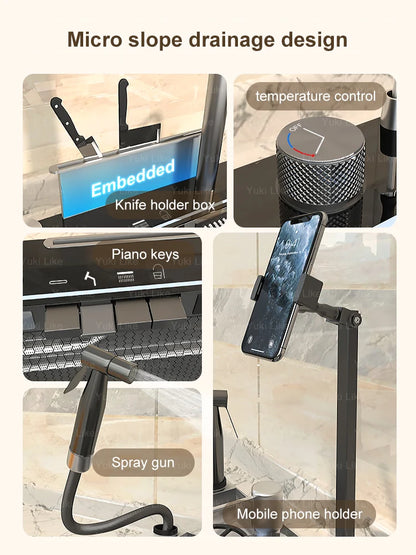 Stainless Steel Digital Kitchen Sink Large Waterfall Pull Out Faucet Honeycomb Embossed Sink Set