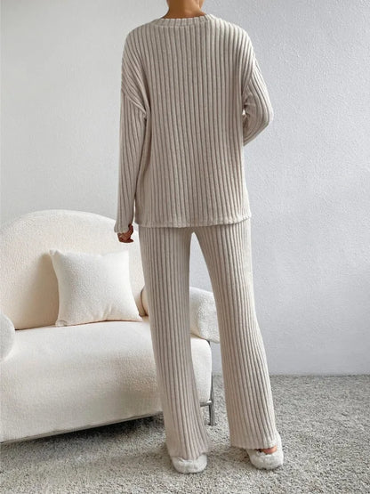 Autumn Winter Ribbed Knit Two Piece Set Womens V Neck Long Sleeve Top Wide Leg Pants Loungewear Casual Solid Color Outfit.