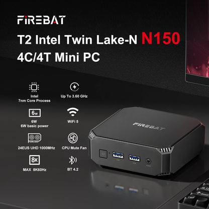 FIREBAT T2 Mini PC Intel N150 CPU Windows 11 DDR4 16GB RAM 512GB SSD WIFI5 BT4.2 Desktop Computer HDMI USB Port.