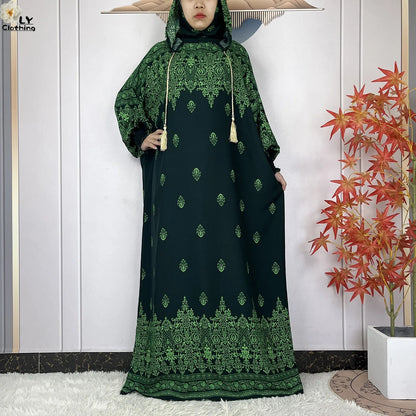 2025 Women Long Sleeves Dress Cotton Ramadan Abaya with Two Hats Muslim Women's Kaftan Dress Dubai Turkey Islam Prayer Clothing.