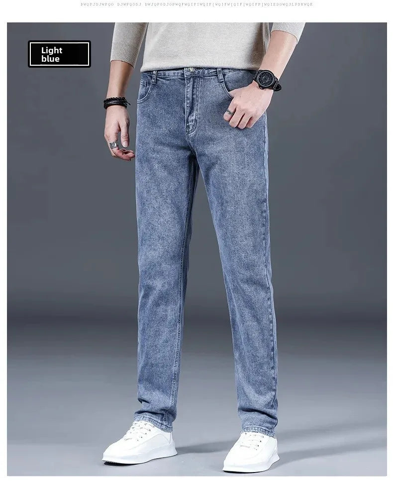 Loose Casual Jeans for Men Mid-aged Thick Winter Long Pants Business Style Straight Leg Spring Autumn Korean Version