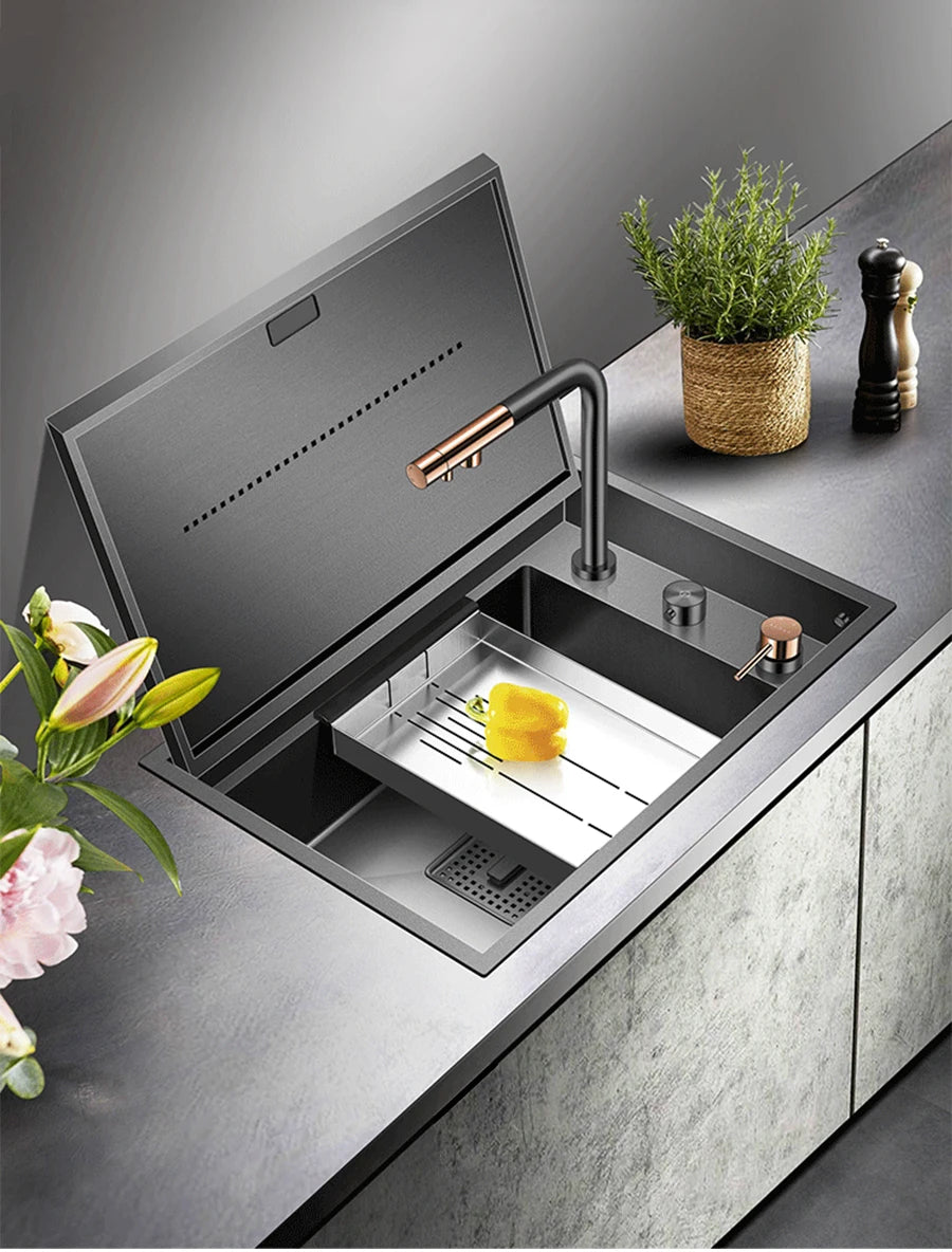 Nanometer Black Hidden kitchen Sink SUS 304 Stainless Steel 4mm Thickness Flip Cover Hidden Handmade kitchen Sinks