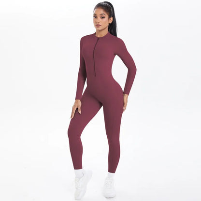Women's Long Yoga Bodysuit with Half-Zip Sexy Back & Butt Lift for Fitness Running Outdoor Sportswear