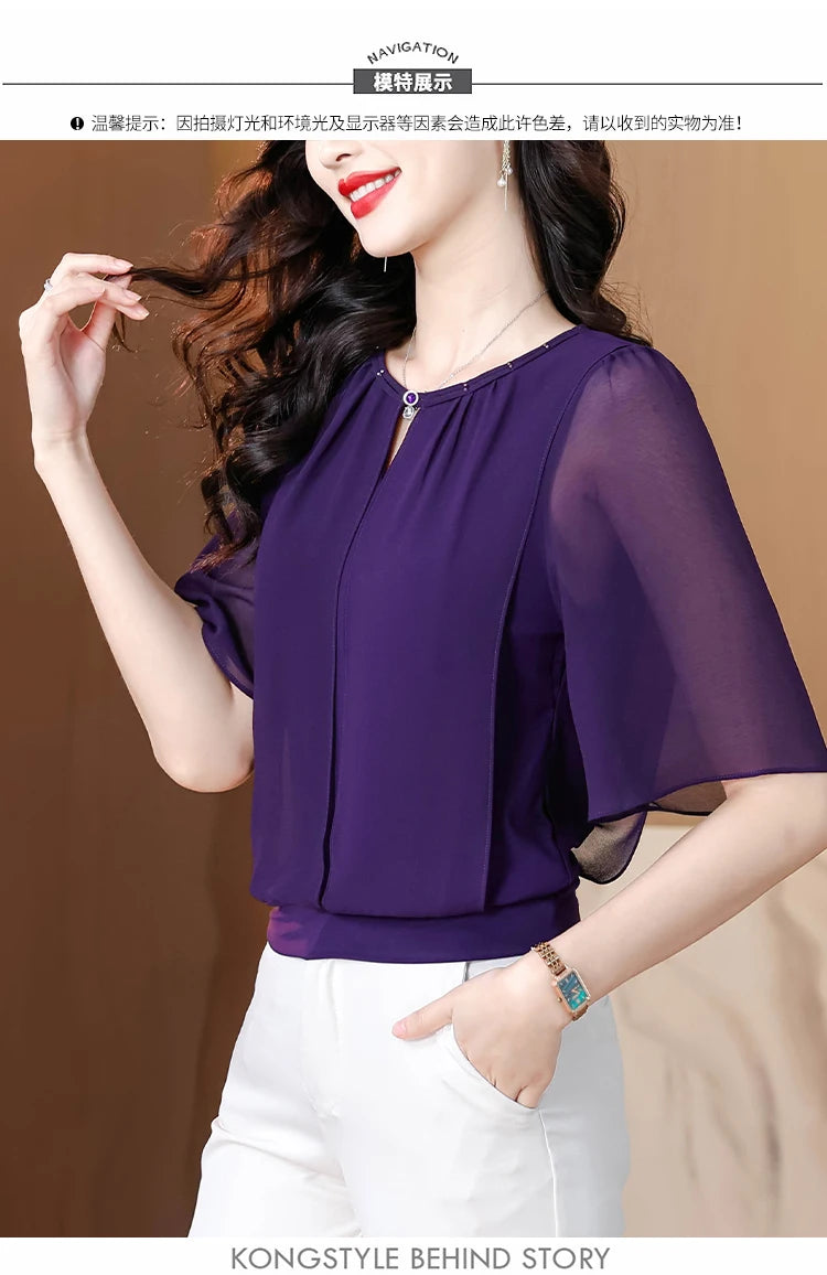 Summer Clothing Half Sleeve Chiffon Blouse 2025 New Fashion Loose Women Tops Solid Color Casual Pullovers Shirt.