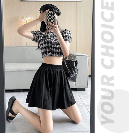 Women Quick Dry Sporty Short Pants Summer Thin Pleated Shorts Skirts High Waist A- Line Five Quarter Pants Cool Wide Leg Pants