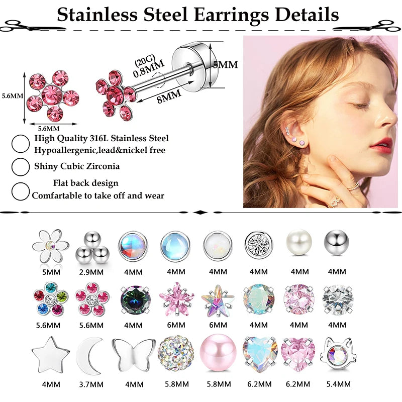 2PCS/Set Stainless Steel Heart Moon Earbone Stud Screw Ball Stud Earrings for Women Fashion Ear Tragus Cartilage Body Piercing.