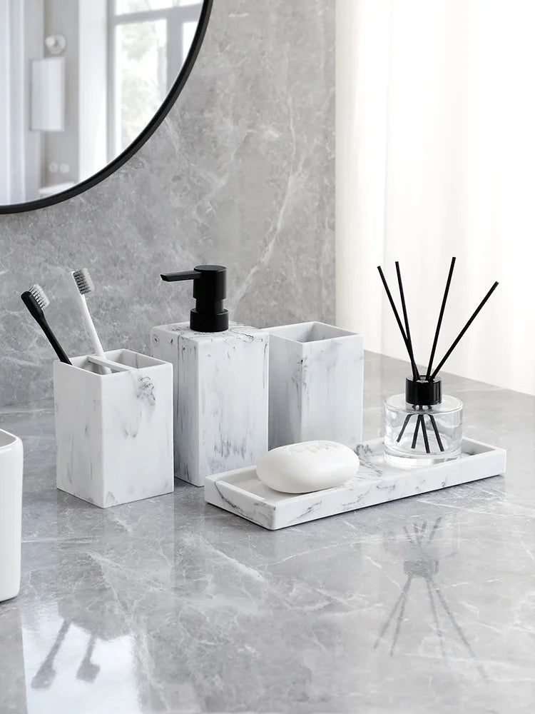 Bathroom Accessories Complete Marble Pattern Lotion Soap Dispenser,Toothbrush Holder,Tumbler,Tray Resin material Black white.