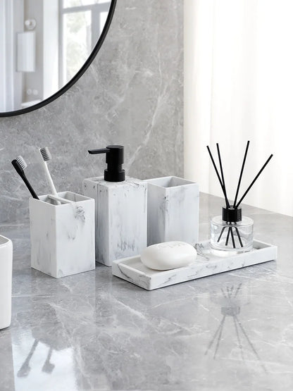 Bathroom Accessories Complete Marble Pattern Lotion Soap Dispenser,Toothbrush Holder,Tumbler,Tray Resin material Black white.
