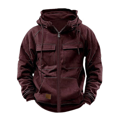New Autumn Winter Men's Hooded Solid Hoodies Jackets Multi Pockets Male Zipper Sweatshirts Sports Outdoor Casual Hoodie Coat.
