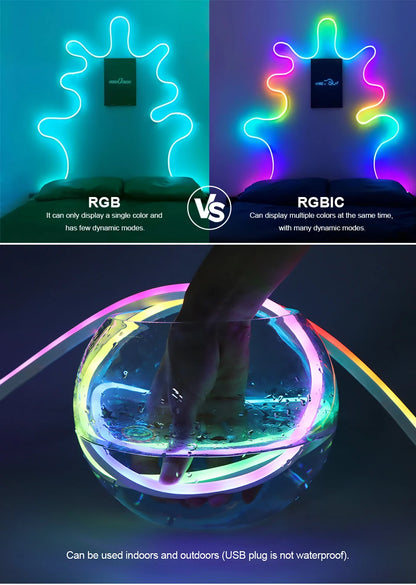 Bluetooth RGBIC WS2812 5V Dream Color RGB LED Neon lights Waterproof Soft Tube Flexible Dimmable Ribbon Tape Lamp TV Room Decor.