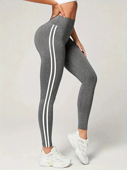 High Waisted Athletic Leggings Sports Yoga Pants With White Stripe Stretchable Workout Tights Comfort Fit For Running And Casual.