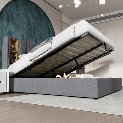 KOMHTOM Doppelbett Polsterbett Grau Baumwolle - Kabelloses Laden USB C, Bettgestell mit Stauraum, Holz-Lattenrost, ohne Matratze