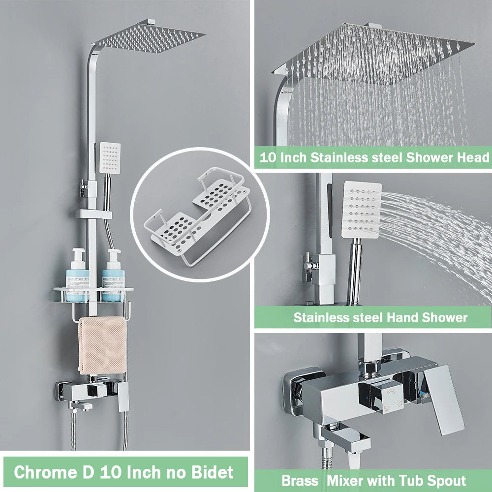 Rainfall Bathroom Shower Faucet Kit With Bidet Wall Mounted Stainless Steel Hot Cold Water Mixer Tap System With Rack,Tub Spout