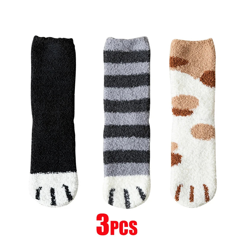 Women Socks Winter Warm Fluffy Socks Cute Animal Claw Cat Paw Footprint Fuzzy Socks Thicken Coral Fleece Home Floor Sleep Socks