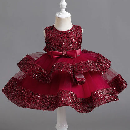 Sommer Neue Perlen Fliege Pailletten Mesh Kinder Ärmelloses Abendkleid Schule Abschlussfeier Multi Layered Kleid