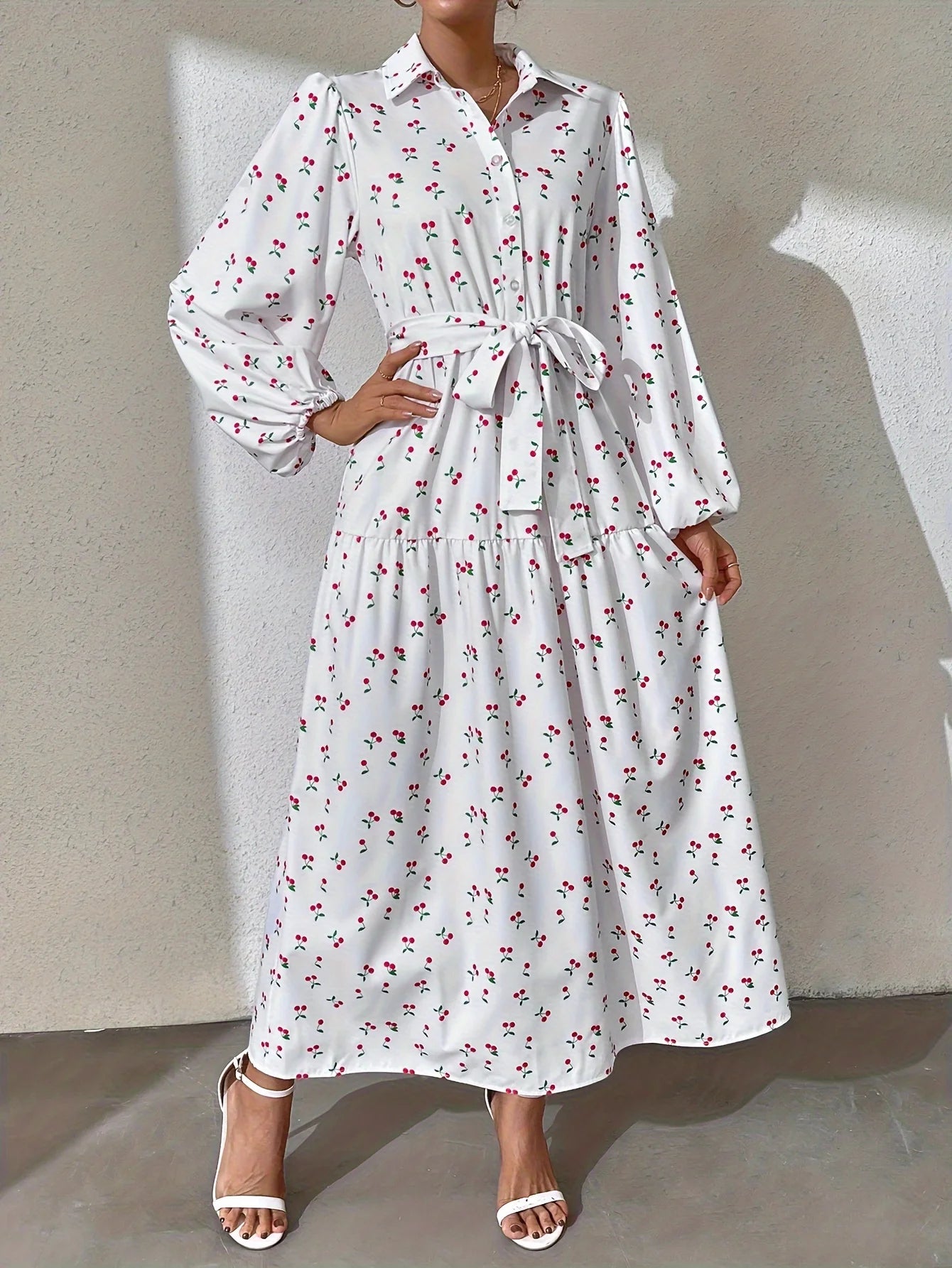 Ramadan Abaya Floral Print Button Front Dress, Casual Lantern Sleeve Dress For Spring & Fall, Women's Clothing Kebaya Kaftan.