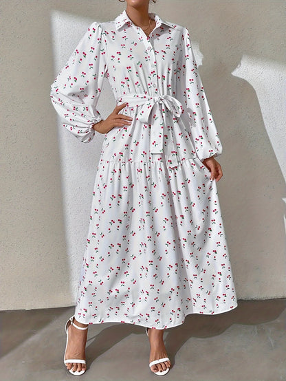 Ramadan Abaya Floral Print Button Front Dress, Casual Lantern Sleeve Dress For Spring & Fall, Women's Clothing Kebaya Kaftan.